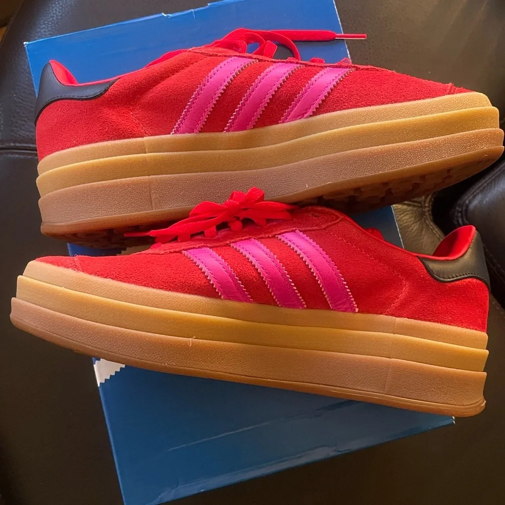 Adidas Gazelle Bold,Brand New, Size 7 Red Suede Sneakers with Pink Stripes - Picture 5 of 7